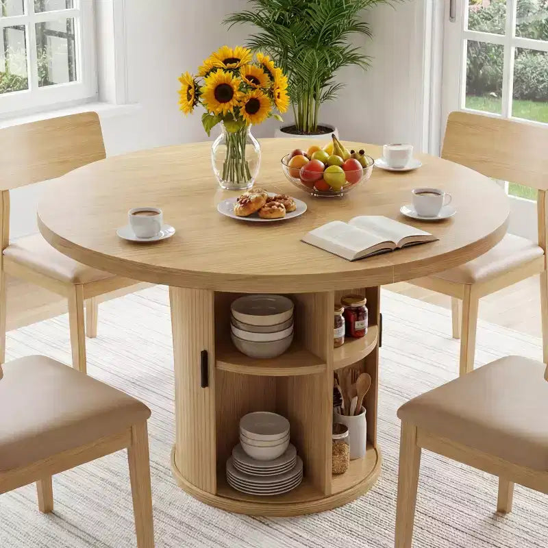Table de salle à manger circulaire à quatre places Dyonery 35, un modèle moderne avec espace de rangement à double couche et portes coulissantes