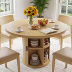 Table de salle à manger circulaire à quatre places Dyonery 35, un modèle moderne avec espace de rangement à double couche et portes coulissantes