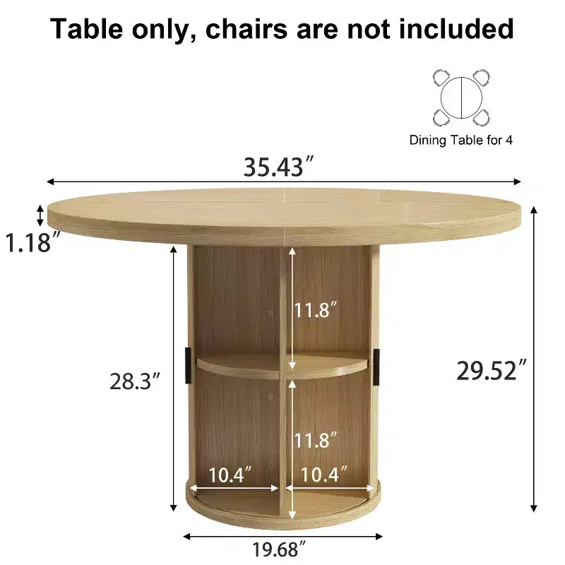 Table de salle à manger circulaire à quatre places Dyonery 35, un modèle moderne avec espace de rangement à double couche et portes coulissantes