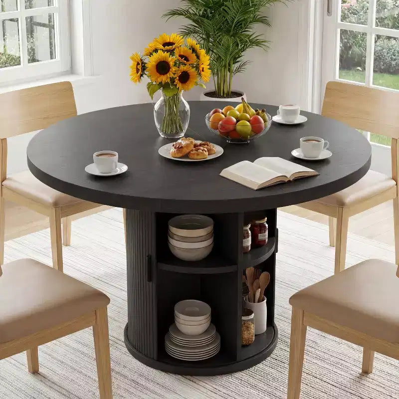 Table de salle à manger circulaire à quatre places Dyonery 35, un modèle moderne avec espace de rangement à double couche et portes coulissantes