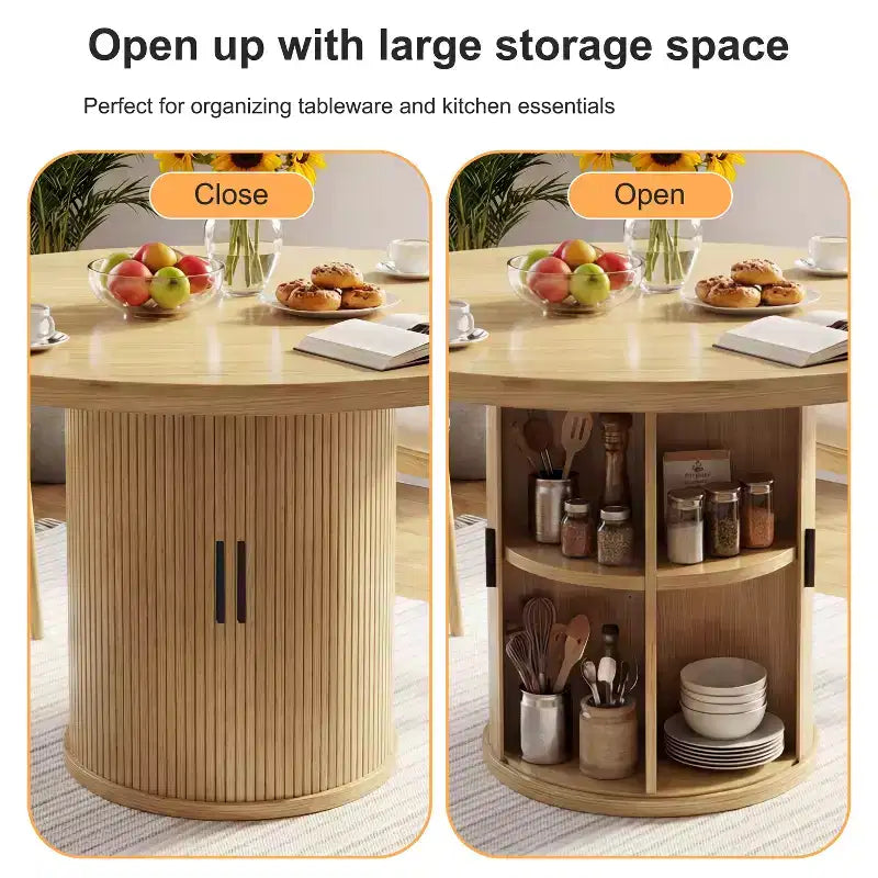 Table de salle à manger circulaire à quatre places Dyonery 35, un modèle moderne avec espace de rangement à double couche et portes coulissantes
