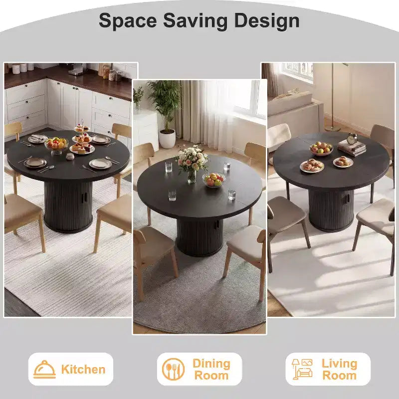 Table de salle à manger circulaire à quatre places Dyonery 35, un modèle moderne avec espace de rangement à double couche et portes coulissantes