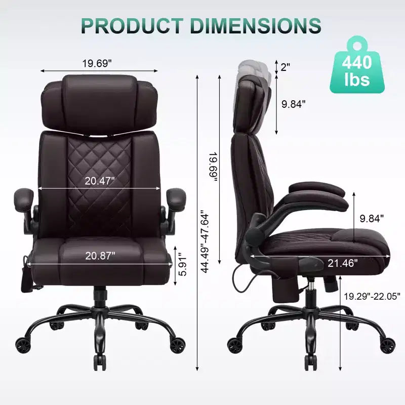 Chaise de bureau ergonomique HOFFREE 200 kg Chaise de bureau en similicuir Dossier haut Appui-tête réglable Accoudoirs rabattables Chaise d'ordinateur