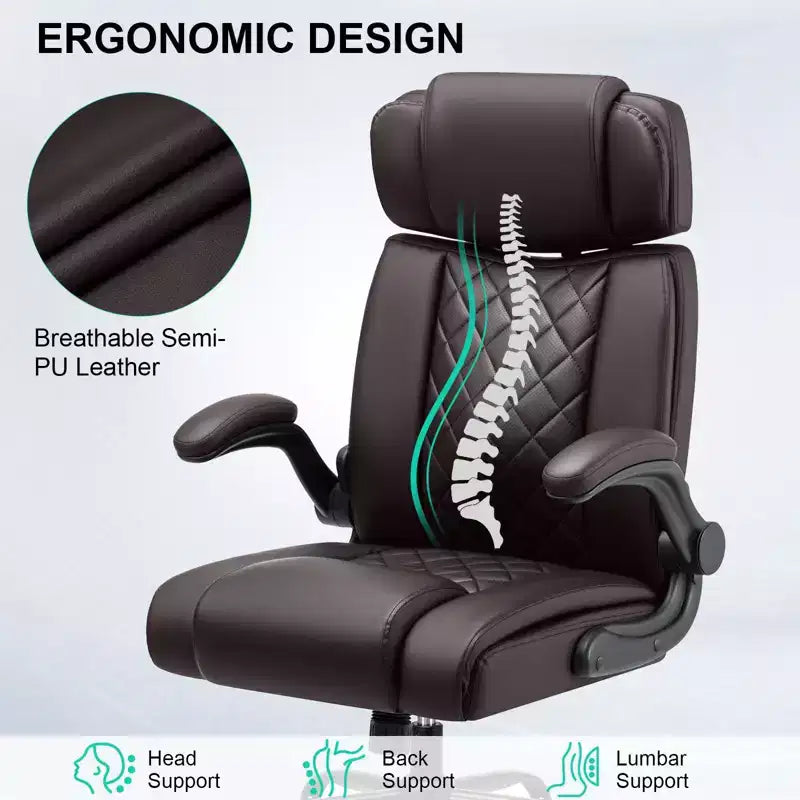 Chaise de bureau ergonomique HOFFREE 200 kg Chaise de bureau en similicuir Dossier haut Appui-tête réglable Accoudoirs rabattables Chaise d'ordinateur