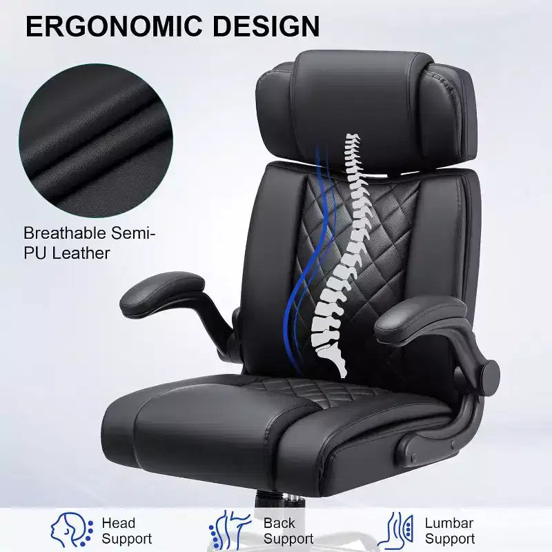 Chaise de bureau ergonomique HOFFREE 200 kg Chaise de bureau en similicuir Dossier haut Appui-tête réglable Accoudoirs rabattables Chaise d'ordinateur