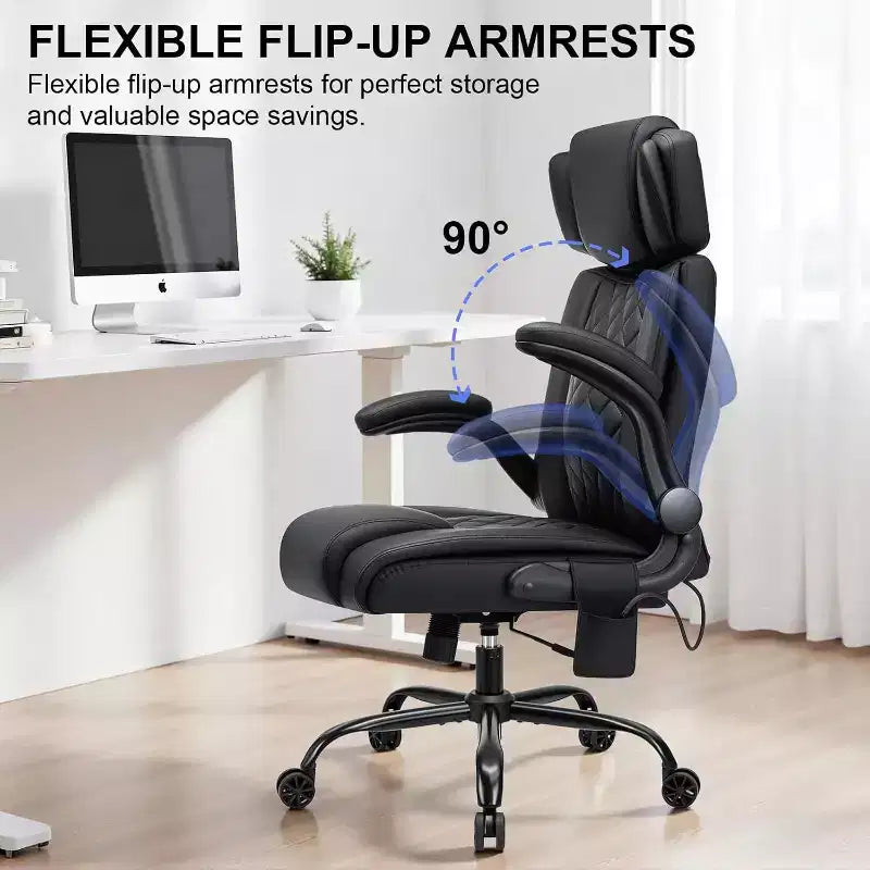 Chaise de bureau ergonomique HOFFREE 200 kg Chaise de bureau en similicuir Dossier haut Appui-tête réglable Accoudoirs rabattables Chaise d'ordinateur