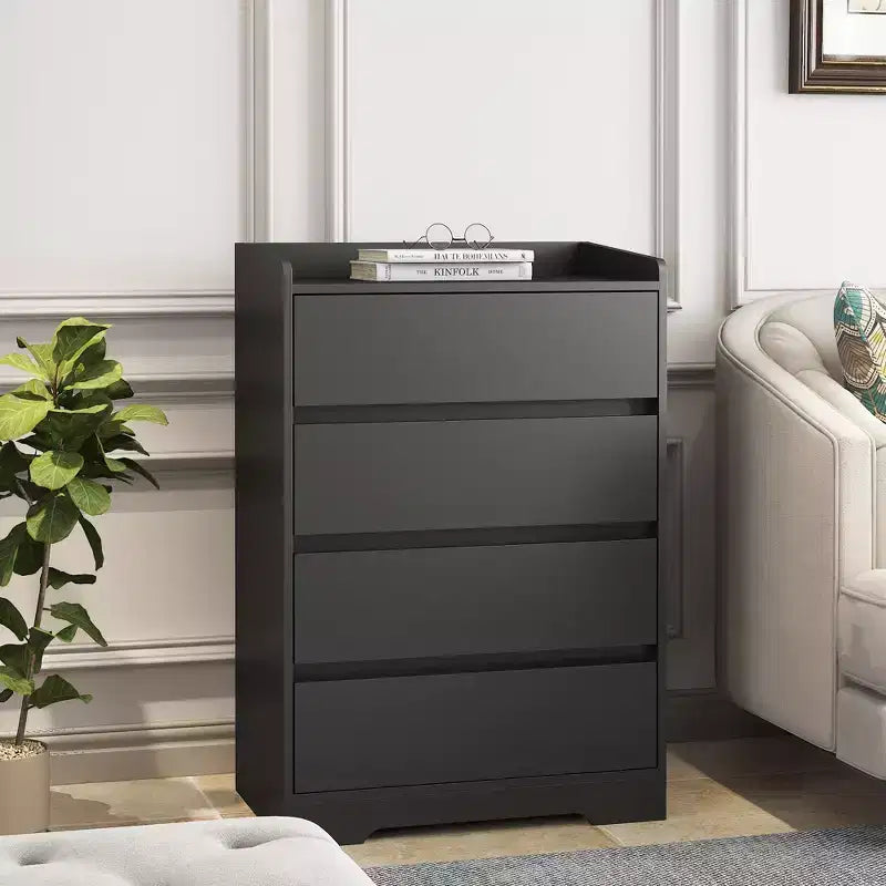 JVNOXK Meuble à quatre tiroirs sans poignée 100 % étanche Meuble moderne en bois Cadre robuste Convient pour le salon ou la chambre à coucher Noir