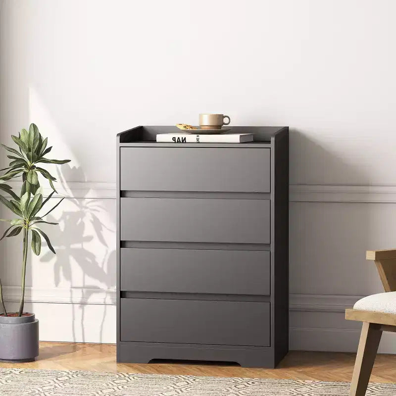 JVNOXK Meuble à quatre tiroirs sans poignée 100 % étanche Meuble moderne en bois Cadre robuste Convient pour le salon ou la chambre à coucher Noir