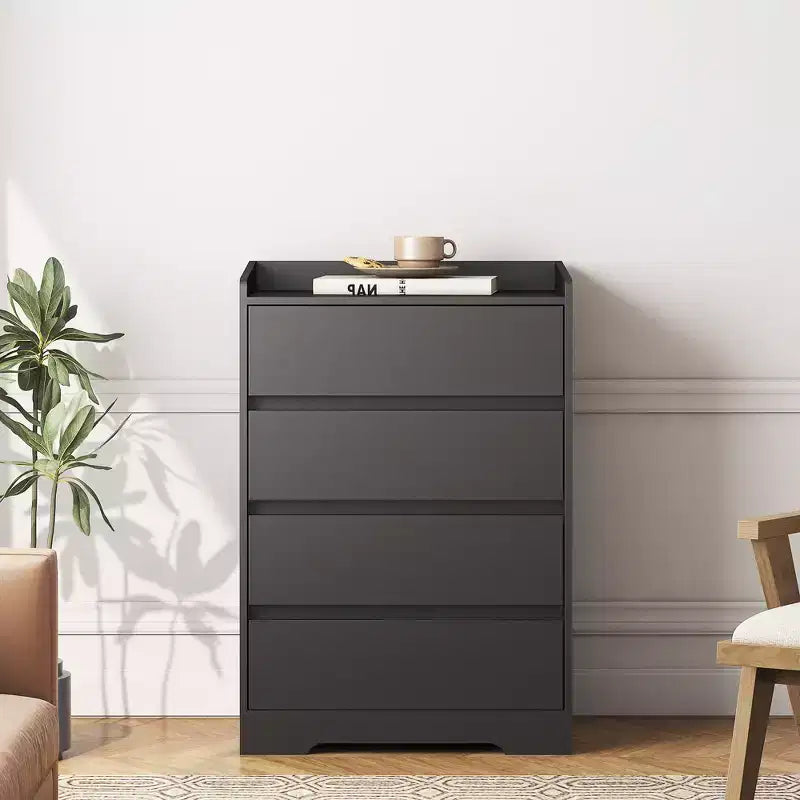 JVNOXK Meuble à quatre tiroirs sans poignée 100 % étanche Meuble moderne en bois Cadre robuste Convient pour le salon ou la chambre à coucher Noir