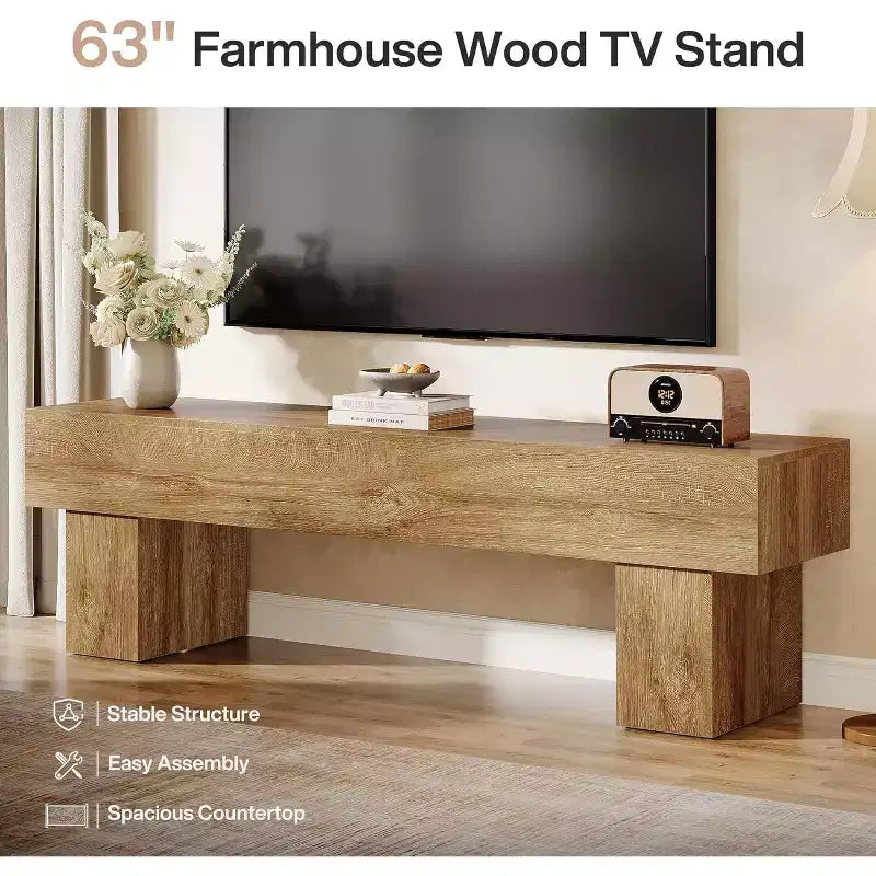 Meuble TV Lantine 63 pouces, meuble de divertissement style ferme et table console basse pour TV 55/60/65 pouces, salon