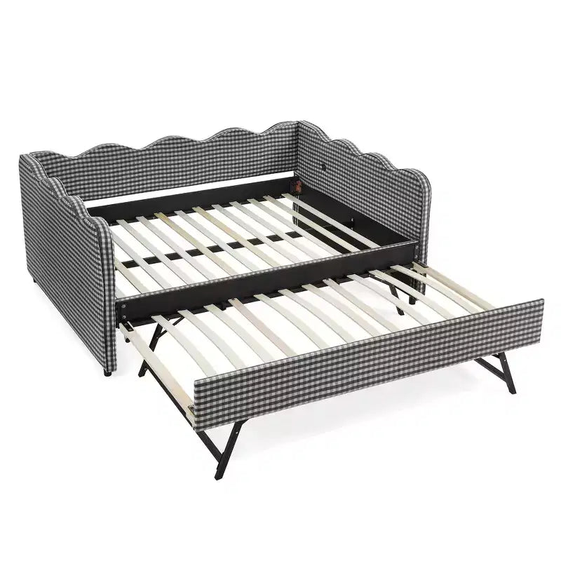 Lit de repos complet Zeus & Ruta avec lit gigogne – Tissu en lin à carreaux, tête de lit ondulée et port de chargement USB