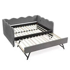 Lit de repos complet Zeus & Ruta avec lit gigogne – Tissu en lin à carreaux, tête de lit ondulée et port de chargement USB
