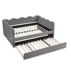Lit de repos complet Zeus & Ruta avec lit gigogne – Tissu en lin à carreaux, tête de lit ondulée et port de chargement USB