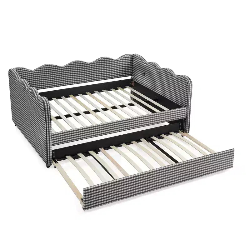 Lit de repos complet Zeus & Ruta avec lit gigogne – Tissu en lin à carreaux, tête de lit ondulée et port de chargement USB
