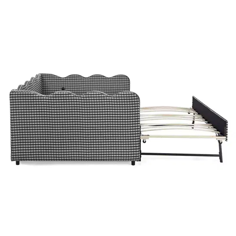 Lit de repos complet Zeus & Ruta avec lit gigogne – Tissu en lin à carreaux, tête de lit ondulée et port de chargement USB