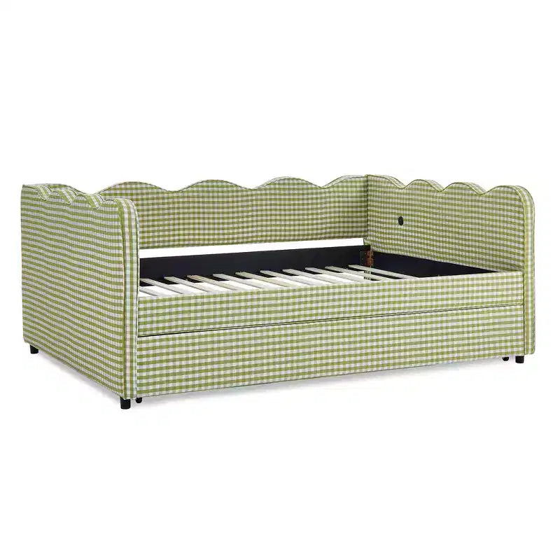 Lit de repos complet Zeus & Ruta avec lit gigogne – Tissu en lin à carreaux, tête de lit ondulée et port de chargement USB