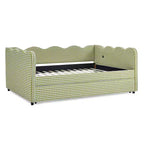 Lit de repos complet Zeus & Ruta avec lit gigogne – Tissu en lin à carreaux, tête de lit ondulée et port de chargement USB