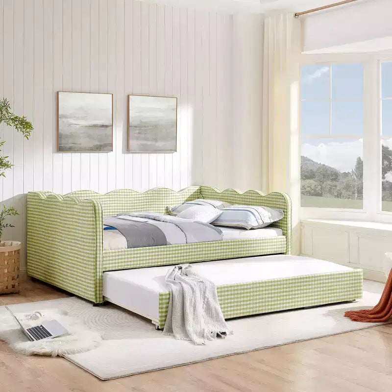 Lit de repos complet Zeus & Ruta avec lit gigogne – Tissu en lin à carreaux, tête de lit ondulée et port de chargement USB