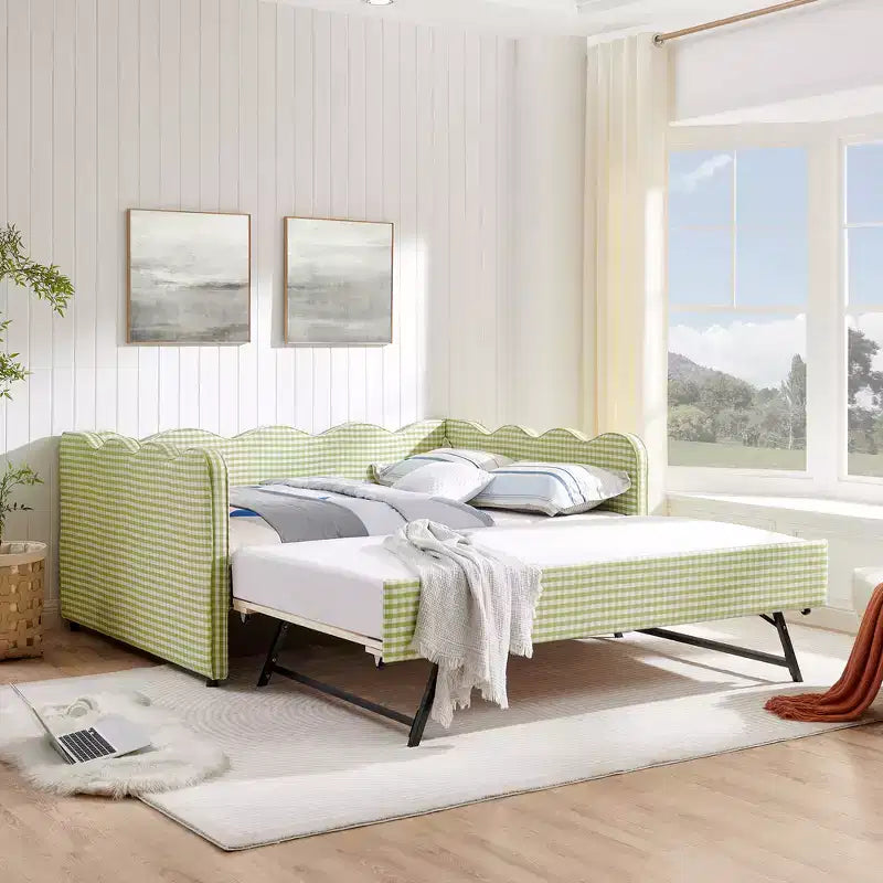 Lit de repos complet Zeus & Ruta avec lit gigogne – Tissu en lin à carreaux, tête de lit ondulée et port de chargement USB