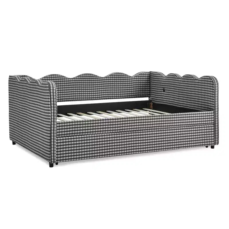 Lit de repos complet Zeus & Ruta avec lit gigogne – Tissu en lin à carreaux, tête de lit ondulée et port de chargement USB