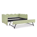 Lit de repos complet Zeus & Ruta avec lit gigogne – Tissu en lin à carreaux, tête de lit ondulée et port de chargement USB