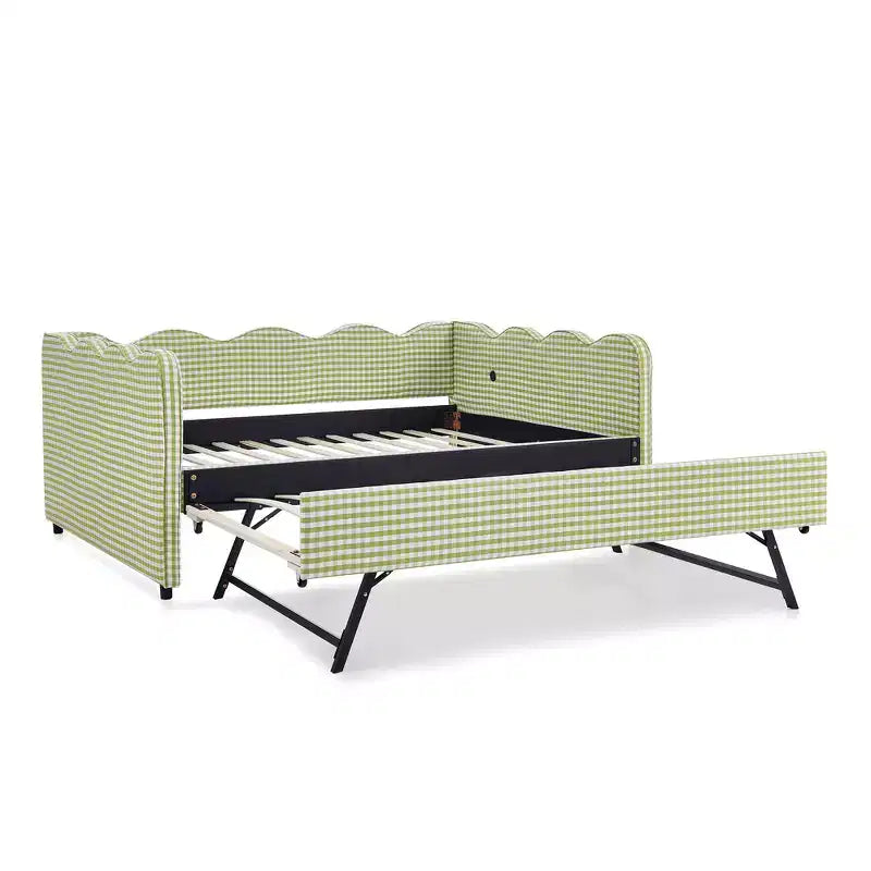 Lit de repos complet Zeus & Ruta avec lit gigogne – Tissu en lin à carreaux, tête de lit ondulée et port de chargement USB