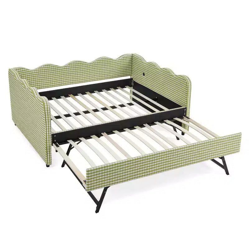 Lit de repos complet Zeus & Ruta avec lit gigogne – Tissu en lin à carreaux, tête de lit ondulée et port de chargement USB