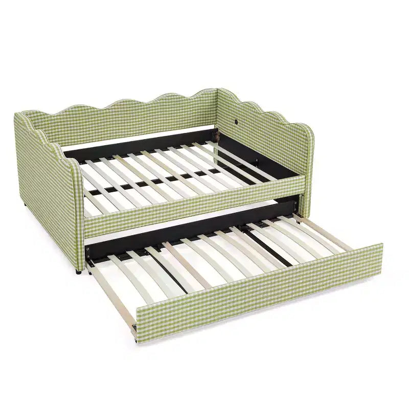 Lit de repos complet Zeus & Ruta avec lit gigogne – Tissu en lin à carreaux, tête de lit ondulée et port de chargement USB