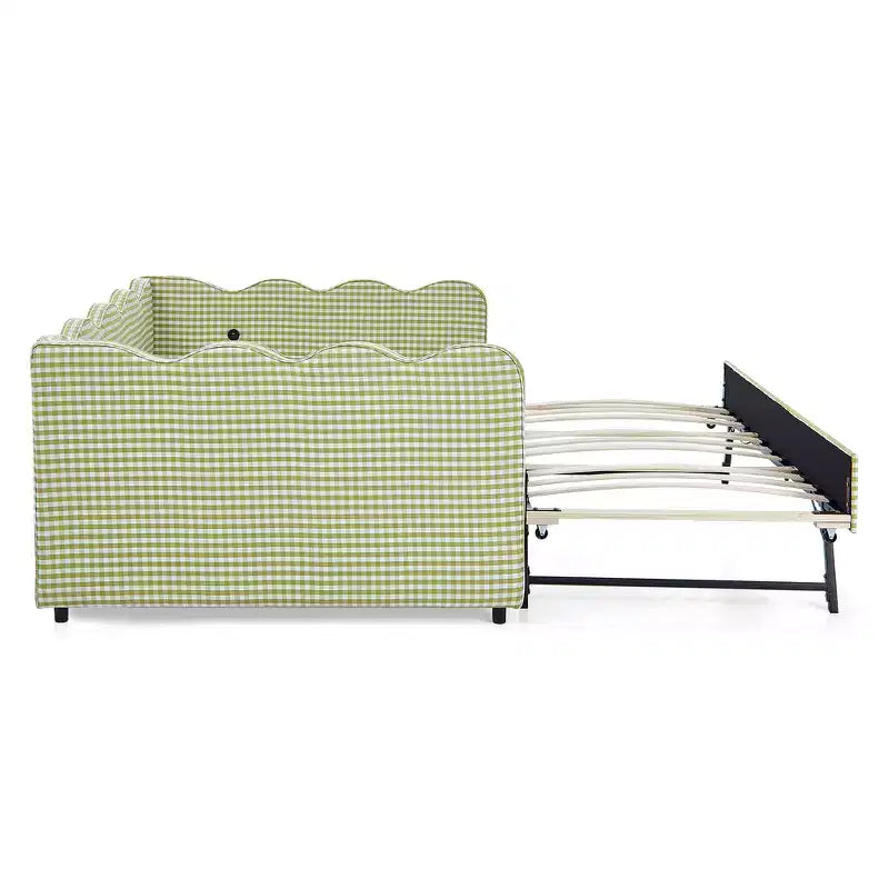 Lit de repos complet Zeus & Ruta avec lit gigogne – Tissu en lin à carreaux, tête de lit ondulée et port de chargement USB