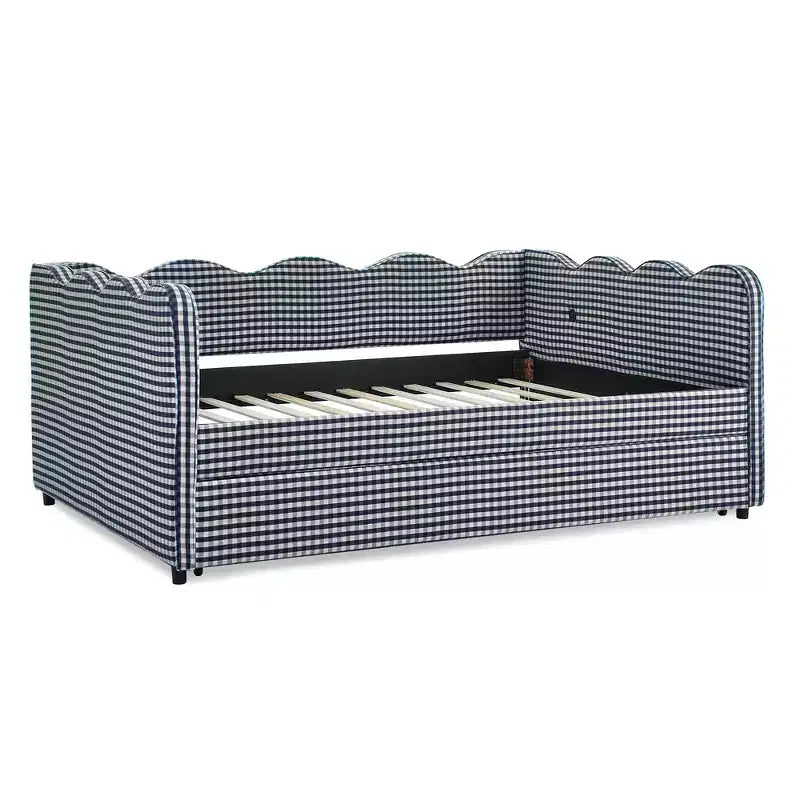 Lit de repos complet Zeus & Ruta avec lit gigogne – Tissu en lin à carreaux, tête de lit ondulée et port de chargement USB