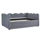Lit de repos complet Zeus & Ruta avec lit gigogne – Tissu en lin à carreaux, tête de lit ondulée et port de chargement USB
