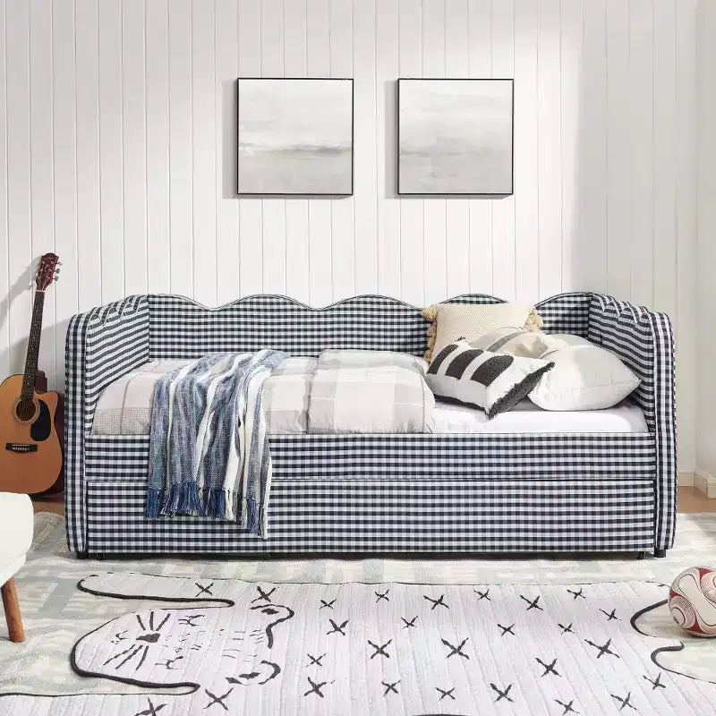 Lit de repos complet Zeus & Ruta avec lit gigogne – Tissu en lin à carreaux, tête de lit ondulée et port de chargement USB