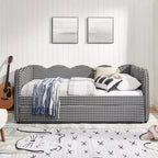 Lit de repos complet Zeus & Ruta avec lit gigogne – Tissu en lin à carreaux, tête de lit ondulée et port de chargement USB