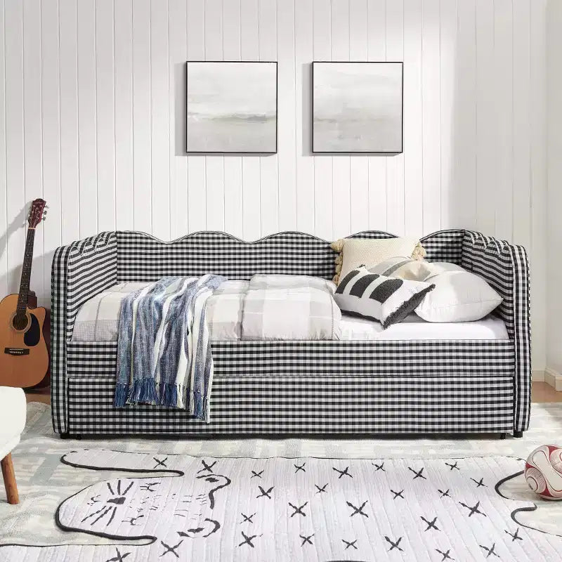 Lit de repos complet Zeus & Ruta avec lit gigogne – Tissu en lin à carreaux, tête de lit ondulée et port de chargement USB