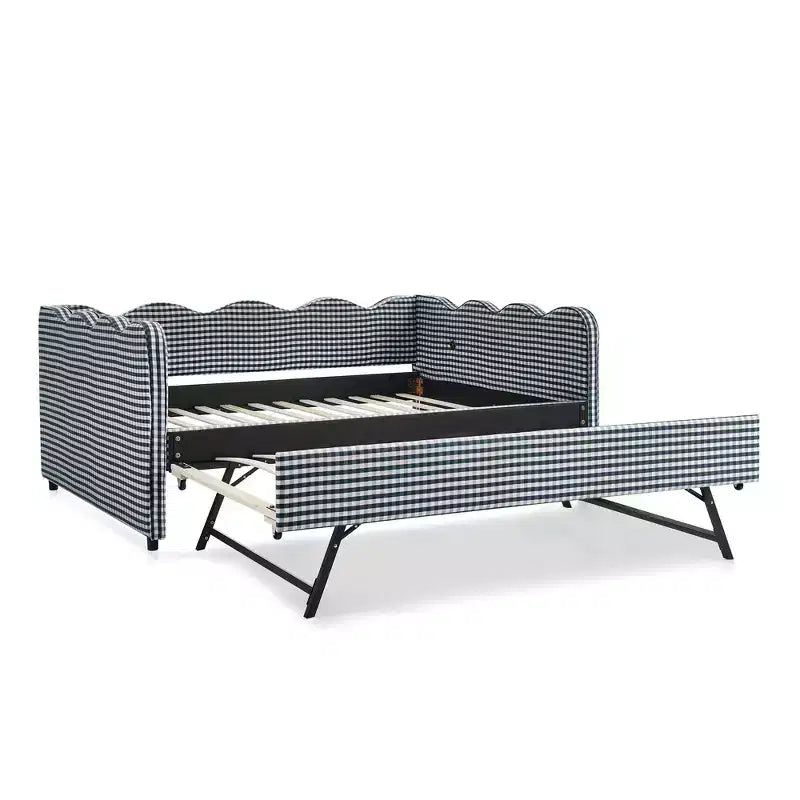 Lit de repos complet Zeus & Ruta avec lit gigogne – Tissu en lin à carreaux, tête de lit ondulée et port de chargement USB