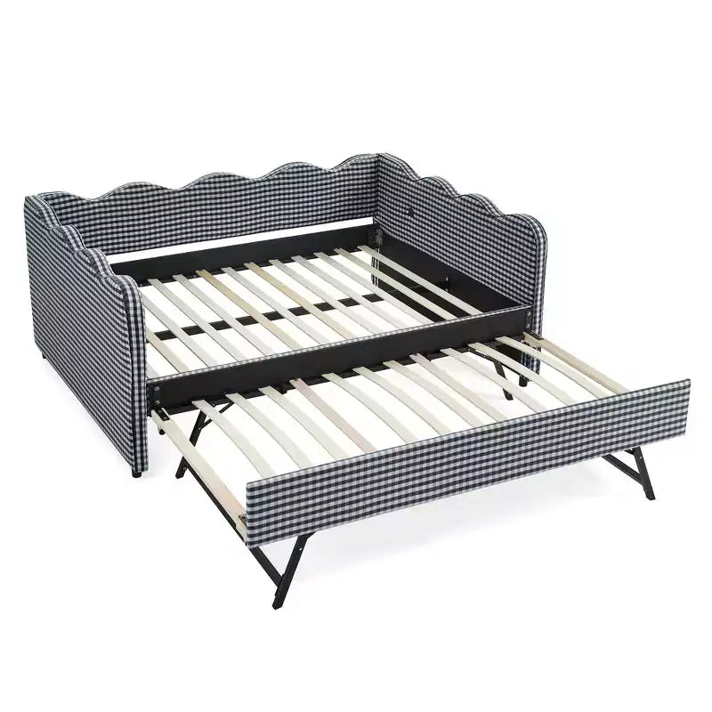 Lit de repos complet Zeus & Ruta avec lit gigogne – Tissu en lin à carreaux, tête de lit ondulée et port de chargement USB