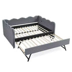 Lit de repos complet Zeus & Ruta avec lit gigogne – Tissu en lin à carreaux, tête de lit ondulée et port de chargement USB