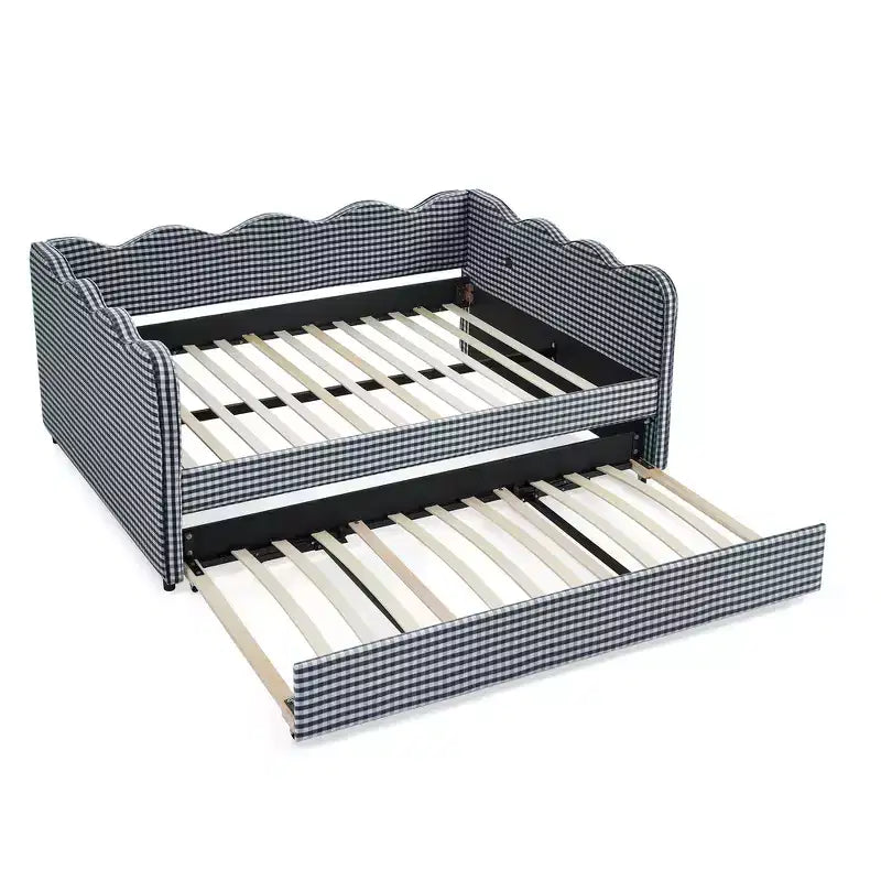 Lit de repos complet Zeus & Ruta avec lit gigogne – Tissu en lin à carreaux, tête de lit ondulée et port de chargement USB