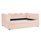 Lit de repos complet Zeus & Ruta avec lit gigogne – Tissu en lin à carreaux, tête de lit ondulée et port de chargement USB