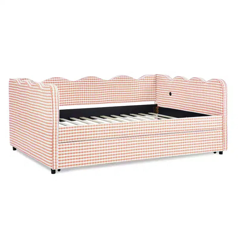 Lit de repos complet Zeus & Ruta avec lit gigogne – Tissu en lin à carreaux, tête de lit ondulée et port de chargement USB
