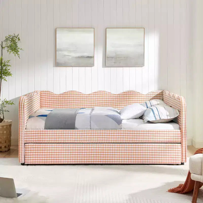 Lit de repos complet Zeus & Ruta avec lit gigogne – Tissu en lin à carreaux, tête de lit ondulée et port de chargement USB