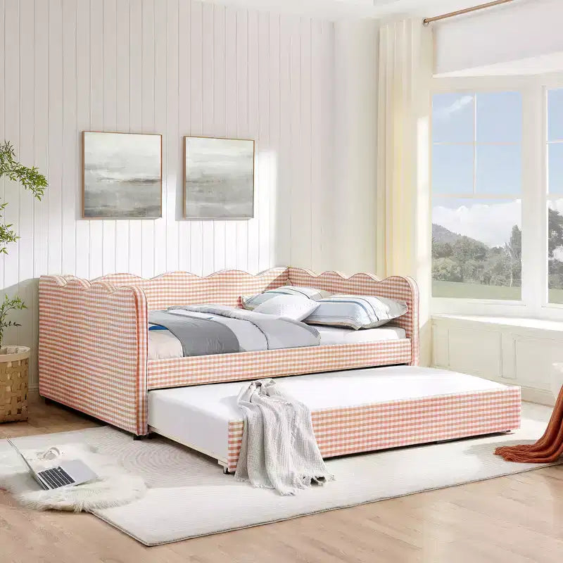 Lit de repos complet Zeus & Ruta avec lit gigogne – Tissu en lin à carreaux, tête de lit ondulée et port de chargement USB