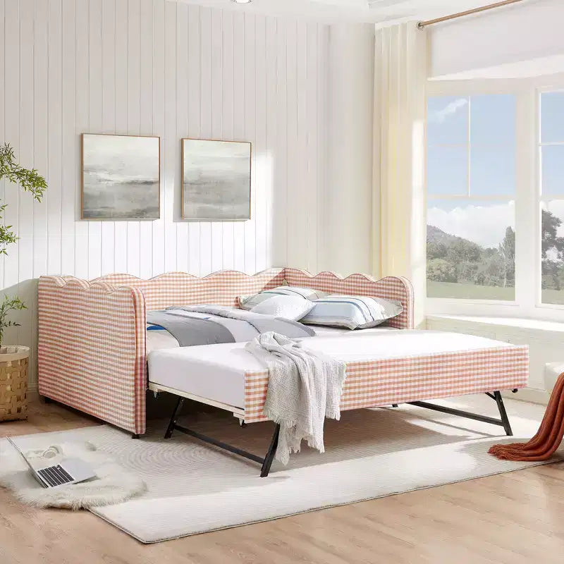 Lit de repos complet Zeus & Ruta avec lit gigogne – Tissu en lin à carreaux, tête de lit ondulée et port de chargement USB