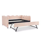 Lit de repos complet Zeus & Ruta avec lit gigogne – Tissu en lin à carreaux, tête de lit ondulée et port de chargement USB