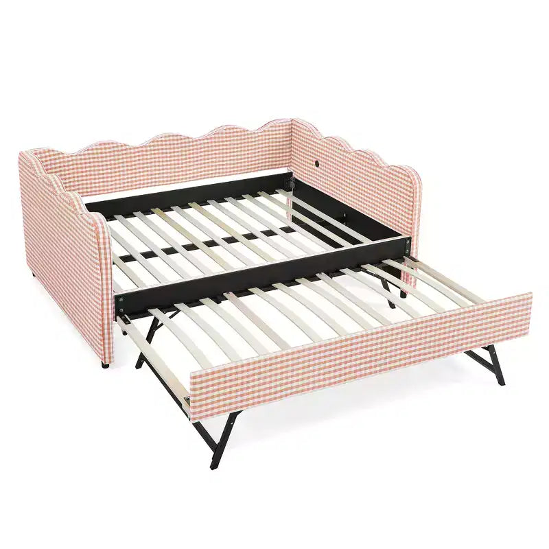 Lit de repos complet Zeus & Ruta avec lit gigogne – Tissu en lin à carreaux, tête de lit ondulée et port de chargement USB
