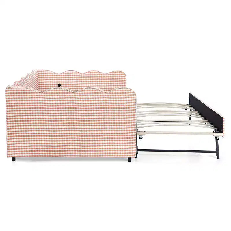 Lit de repos complet Zeus & Ruta avec lit gigogne – Tissu en lin à carreaux, tête de lit ondulée et port de chargement USB
