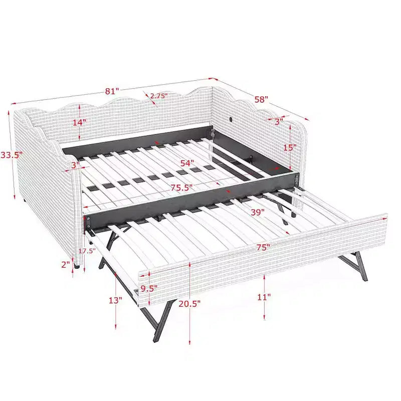 Lit de repos complet Zeus & Ruta avec lit gigogne – Tissu en lin à carreaux, tête de lit ondulée et port de chargement USB