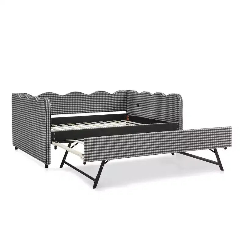 Lit de repos complet Zeus & Ruta avec lit gigogne – Tissu en lin à carreaux, tête de lit ondulée et port de chargement USB