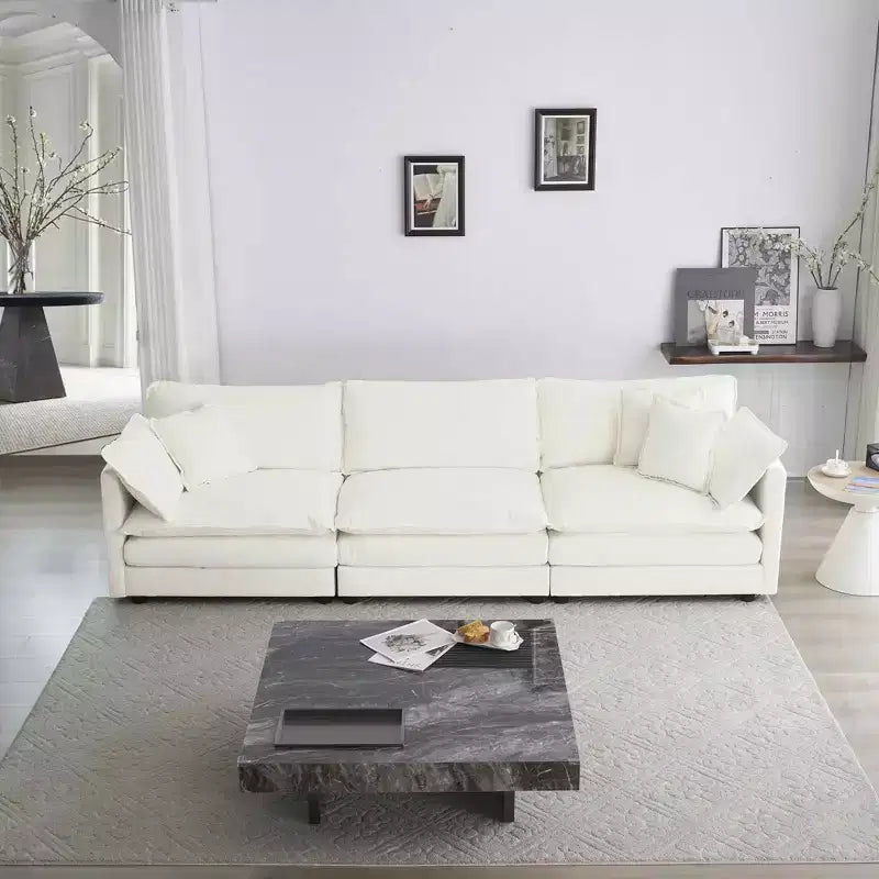 MAYEERTY Mid Century Modern Couch 3 Seater Sofa with 2 Armrest Pillow and 2 Armrest Pillows and 3 Toss Pillows for Living Room White