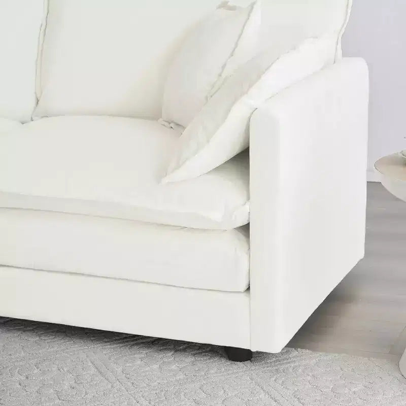 MAYEERTY Canapé de salon 3 places de style moderne du milieu du siècle avec 2 oreillers accoudoirs et 3 coussins décoratifs, couleur blanc